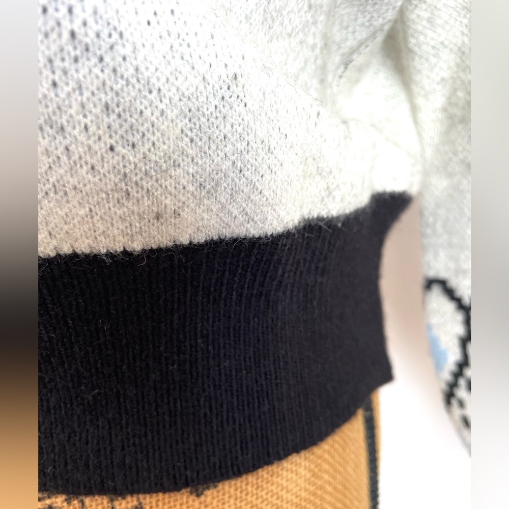 Fair Isle Scandi Pullover Sweater, Pretty Balloon Sleeve, Ivory Blue Black Heart - Picture 6 of 14
